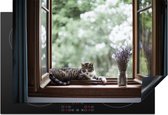 KitchenYeah® Inductie beschermer 78x52 cm - Openslaande ramen met in de vensterbank een kat en lavendel - Kookplaataccessoires - Afdekplaat voor kookplaat - Inductiebeschermer - Inductiemat - Inductieplaat mat