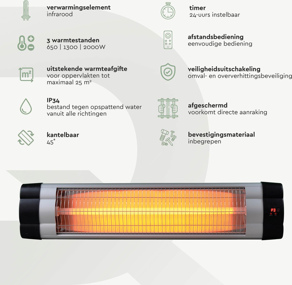 BRASQ Elektrische Terrasverwarmer Hangend PHW200 - Infrarood Heater 2500W - met Afstandsbediening en timer - 3 warmtestanden - Voor binnen en buiten - Spatwaterdicht - Zwart – foto 2