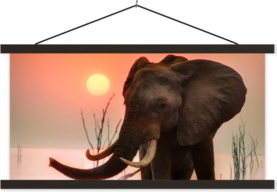 Posterhanger incl. Poster 120x60 cm - Schoolplaat - Olifant - Dieren - Water - Zonsondergang - Textielposter - Zwarte latten