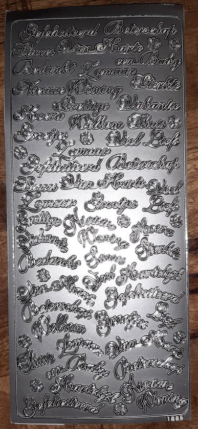 Stickervel zilver tekst nederlands - Vaessen Creativ 1865 - zelfklevende zilveren stickers - 52x diverse teksten - Hartelijk Gefeliciteerd, zomaar, van harte, beterschap, groetjes, een baby, liefs, succes etc. - 12x bloem