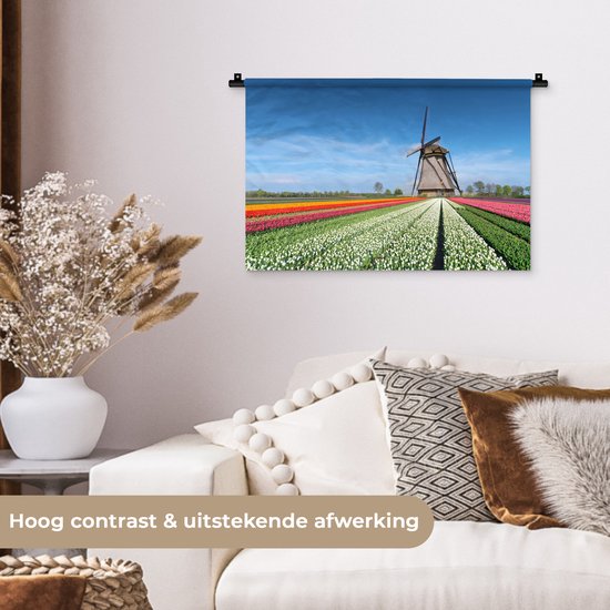 Tenture murale Paysages Nederland - Moulin à vent entre les tulipes aux Nederland Tapisserie coton 60x40 cm - Tapisserie murale avec photo