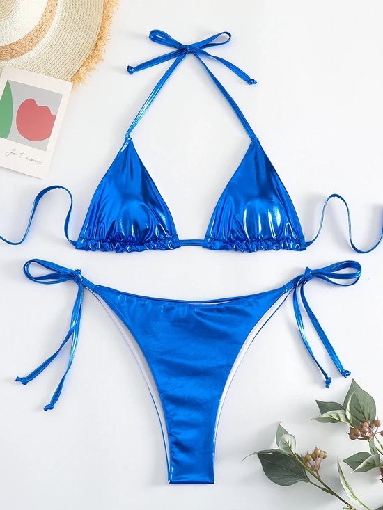 Bikini-Blauw-Metalic-Sexy-Halter-Triangel-Opwindend-Dames-Erotisch