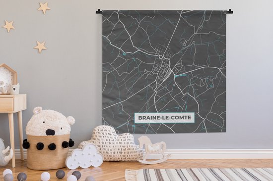 Wandkleed - Wanddoek - Plattegrond – Braine le Comte – Blauw – Stadskaart - Kaart - 150x150 cm - Wandtapijt