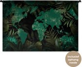 Wandkleed WereldkaartenKerst illustraties - Blauwgroene wereldkaart omlijst met tropische bladeren en blauwgroene bloemen Wandkleed katoen 120x80 cm - Wandtapijt met foto