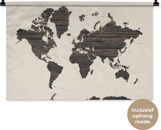 Wandkleed WereldkaartenKerst illustraties - Wereldkaart van donker hout met horizontale groeven op rozige achtergrond Wandkleed katoen 90x60 cm - Wandtapijt met foto