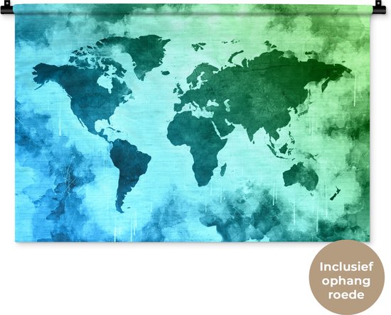 Wandkleed WereldkaartenKerst illustraties - Wereldkaart met blauwe verf die overgaat in groen op achtergrond met structuurpatroon Wandkleed katoen 90x60 cm - Wandtapijt met foto