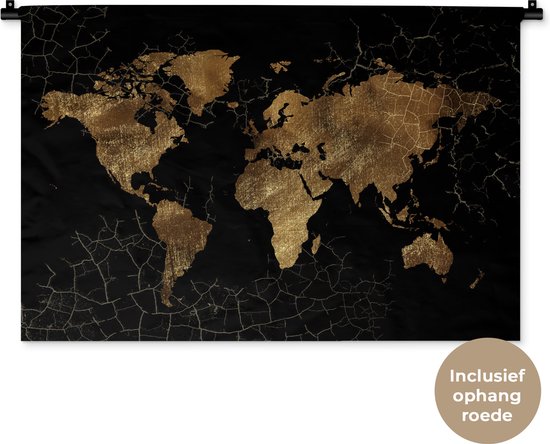 Wandkleed WereldkaartenKerst illustraties - Goudkleurige wereldkaart met zilveren structuurpatroon op zwarte achtergrond Wandkleed katoen 90x60 cm - Wandtapijt met foto