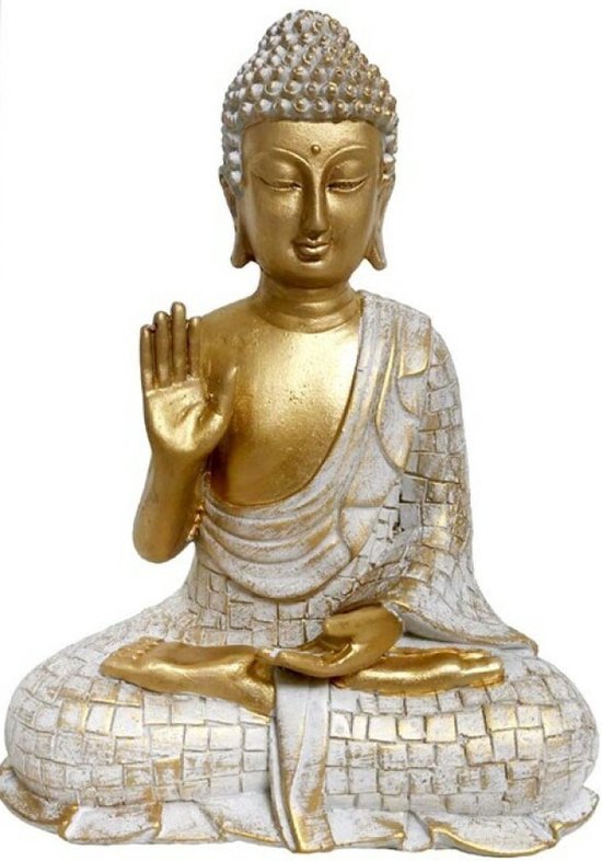 Statue décoration Bouddha - pierre artificielle - or/blanc - 22 cm de haut - pour intérieur