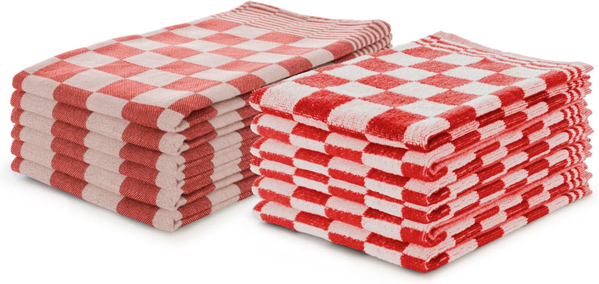 Ten Cate Theedoeken en Keukendoeken Set Rood - Set van 12 – Geblokt – Blokdoeken – 100% katoen – 6 Horeca Theedoeken – 65x65cm - 6 Keukendoeken - 50x50cm