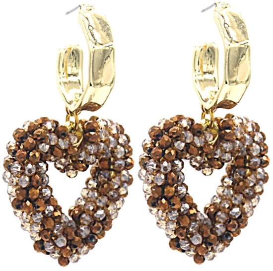 Boucles d'oreilles avec Coeur - Perles de Verre Tailles Facettes - Boucles d'oreilles pendantes - 4,5 cm - Marron