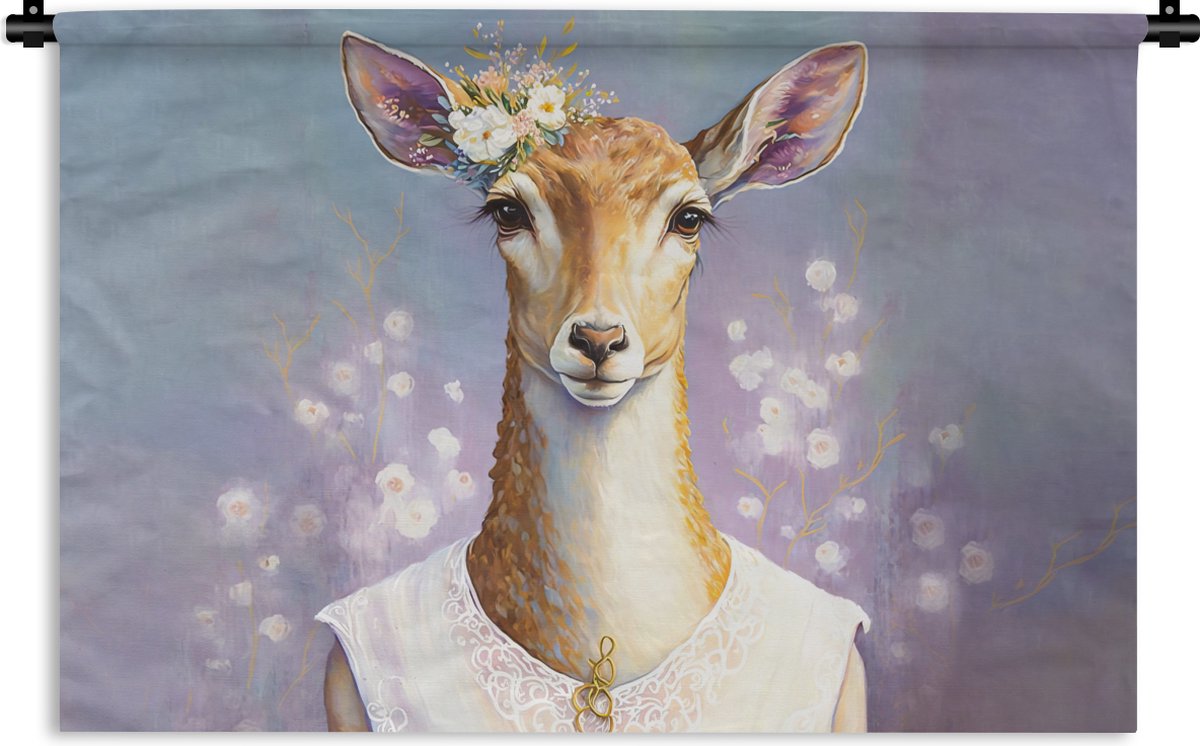 Wandkleed - Wanddoek - Hert - Bloemen - Verf - Portret - Dieren - 150x100 cm - Wandtapijt