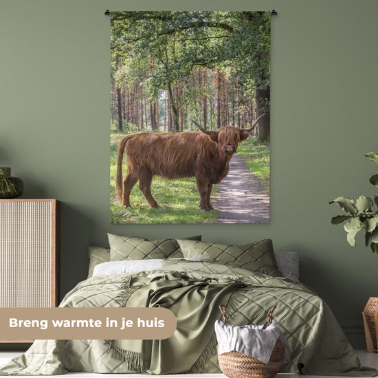 Wandkleed - Wanddoek - Schotse Hooglander - Pad - Boom - 120x160 cm - Wandtapijt