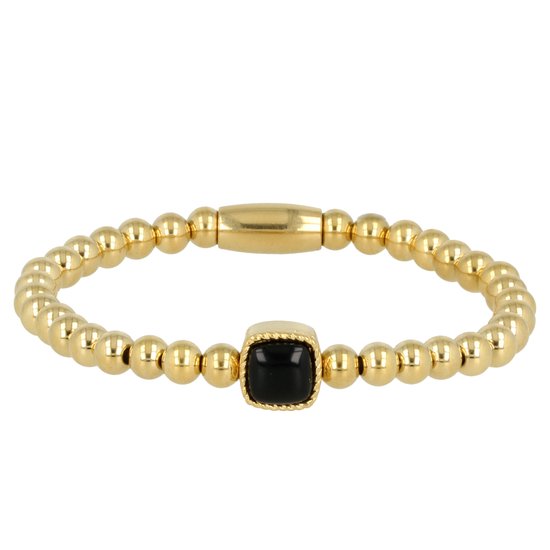 *Elastische damesarmband goudkleurig Onyx edelsteen - Goudkleurige armband met Onyx edelsteen - Met luxe cadeauverpakking