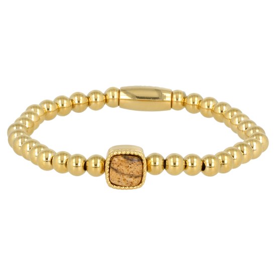 *Gouden elastische bedelarmband met Picture Jasper edelsteen - Gouden armband met Picture Jasper edelsteen - Met luxe cadeauverpakking