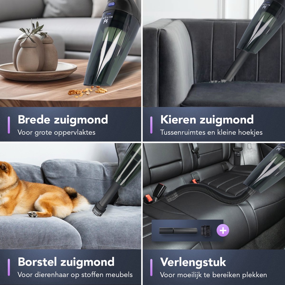 Hiton Kruimeldief snoerloos - Handstofzuiger - Auto stofzuiger - Kruimelzuiger - Oplaadstation - Zwart - 3 opzetstukken — afbeelding 7