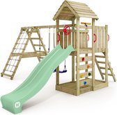 WICKEY speeltoestel RocketFlyer met schommel & pastelgroene glijbaan, outdoor kinderklimtoren met zandbak, ladder & speelaccessoires voor de tuin