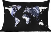 Buitenkussens - Tuin - Witte wereldkaart met wereldbol op zwarte achtergrond - 50x30 cm