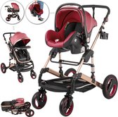 HandyHaven® - Kinderwagen 3 in 1 - Baby - Luxe Wandelwagen - Roze - Rood - Verstelbaar - Draagbaar - Opvouwbaar - Met autostoeltje - Voorwielen 360° - Hoogte 101cm - Duurzaam