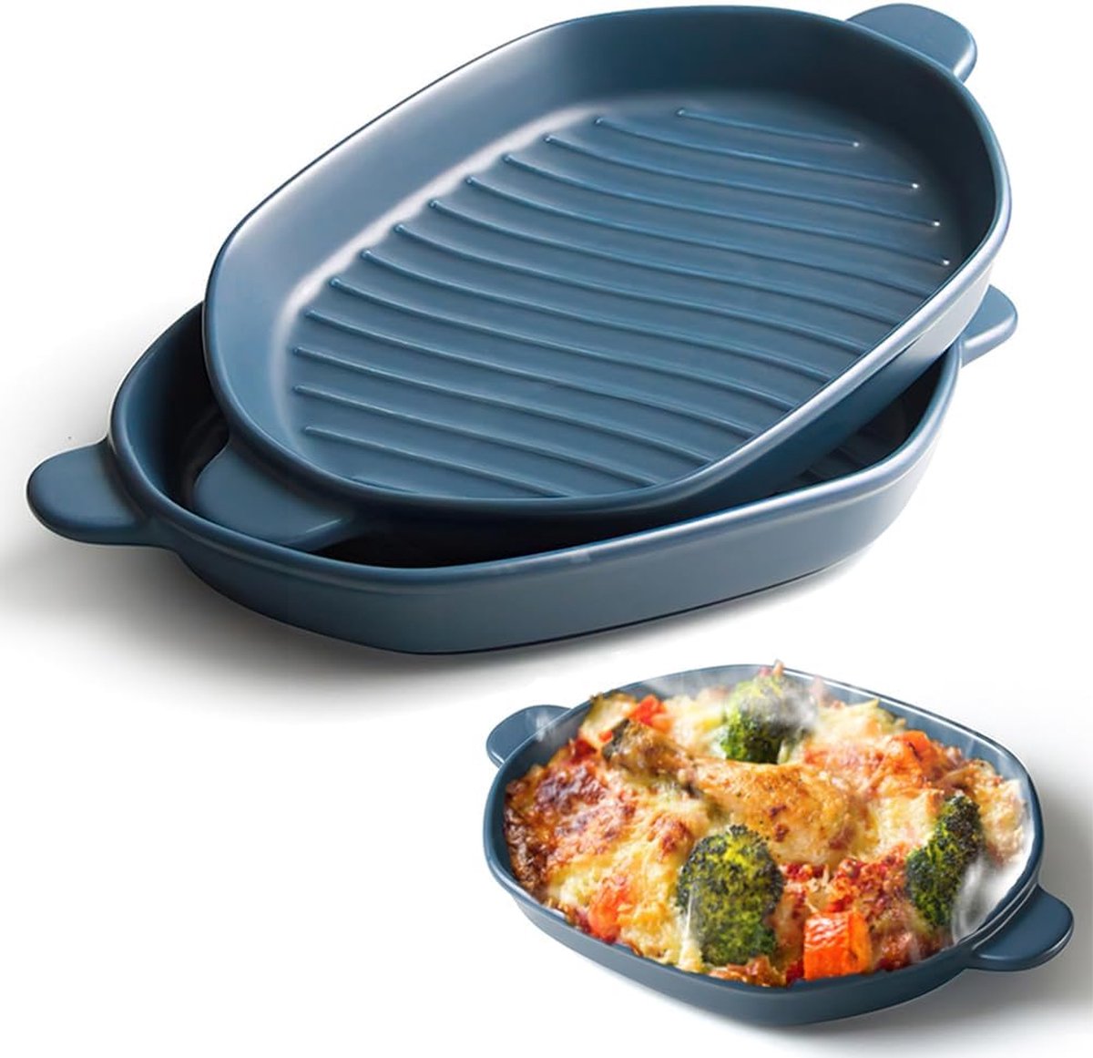 Braadpan, 26 x 18 cm, lasagnevorm met handvat, ideaal voor 2 personen, bakvorm, ideaal voor oven, keramiek, bakvorm, lasagne, bakvorm, 2 stuks (blauw)