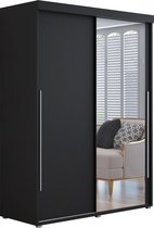 Kledingkast met 2 schuifdeuren - Kledingkast met spiegel - IGA I 150 cm - Zwart - Zilveren handgrepen - Interieur met planken en roede