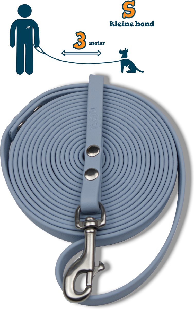 Miqdi hondenriem - BioThane ® - pastel blauw - 3 meter lang - 9 mm breed - XS/S - kleine hond