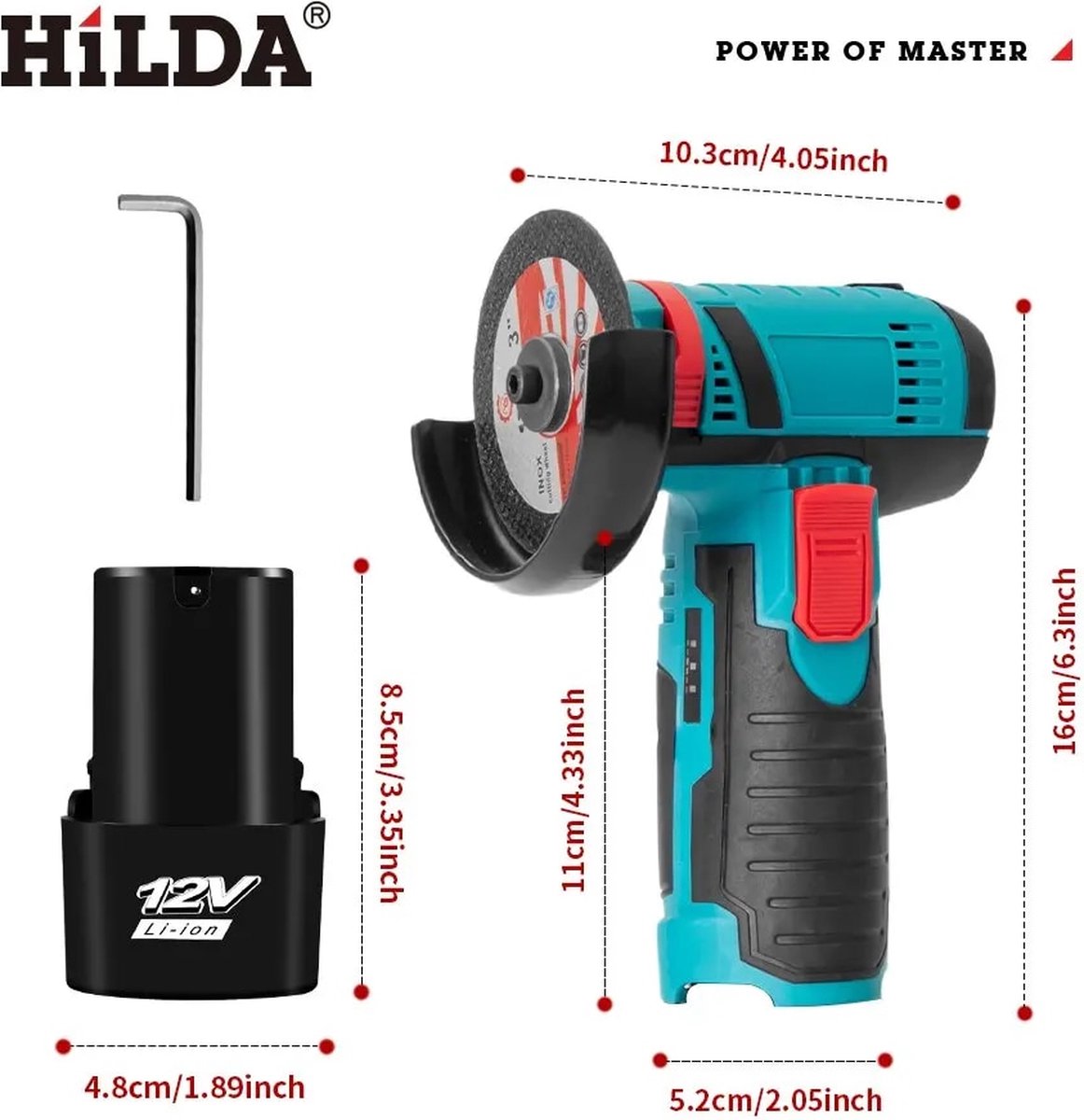 HILDA – petite meuleuse d'angle 12V, 19500 tr/min, 300W, Machine à polir sans fil, meuleuse électrique 2000mah avec disque de coupe