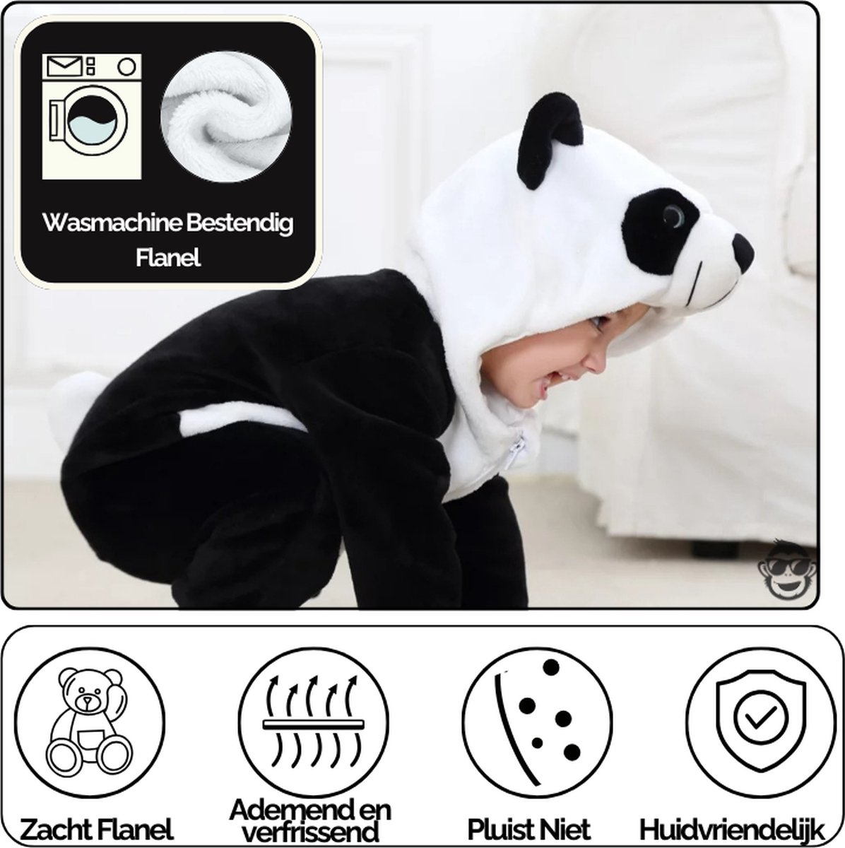 BoefieBoef Dieren Kleuter Onesie Peuter Pyjama Kinderen – Verkleedkleding met Luierrits – Carnaval Dierenpak - Kerst en Kraamcadeau - Zacht Flanel - Baby Romper - Boxpak - Jongens - Meisjes - Kruippak - Winterpak - Panda Beer Wit Zwart — afbeelding 7