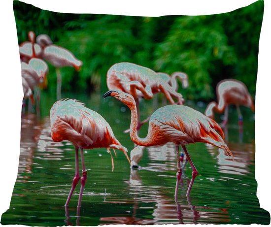 Sierkussen Buiten - Flamingo - Tropisch - Vogel - Water - Roze - 60x60 cm - Weerbestendig