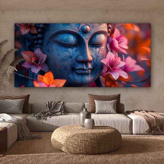 Canvas Schilderij 160x80 cm - Boeddha - Portret - Bloemen - Buddha - Beeld - Wanddecoratie - Muurdecoratie woonkamer - Kamer decoratie - Wanddoek binnen - Woonaccessoires