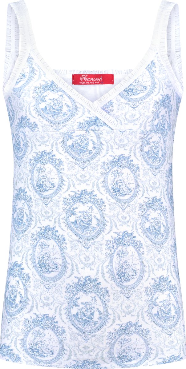 Exclusief Luxueus Kinder ondergoed Luxe mooie zacht blauwe Girly Hemdje van Hanssop met fashionable elastische rand details en in een luxe exclusieve Hanssop Blue Toile design, Meisjes Hemdje, zacht blauwe toile print, maat 140