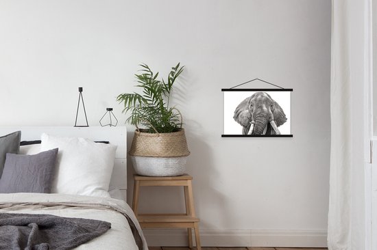 Posterhanger incl. Poster 60x40 cm - Schoolplaat - Olifant - Portret - Dieren - Zwart wit - Textielposter - Zwarte latten