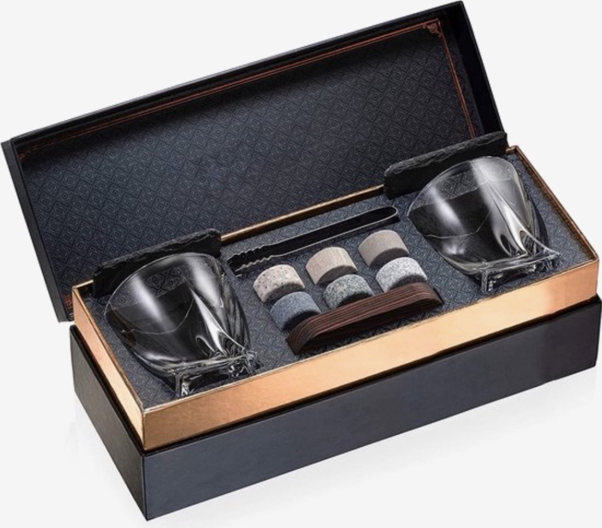 SB Whiskey Glazen Set - 2 Luxe Onderzetters - Whiskey Stenen - 2 Tumbler Glazen - Geschenkdoos