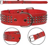 Rode, drie-rijen gestikte lederen halsband, hondenhalsband 40mm/67cm