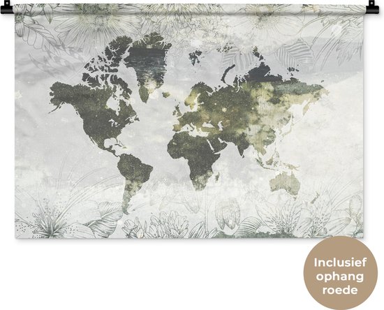Wandkleed WereldkaartenKerst illustraties - Donkergrijze wereldkaart versierd met goud en illustraties van bloemen Wandkleed katoen 90x60 cm - Wandtapijt met foto