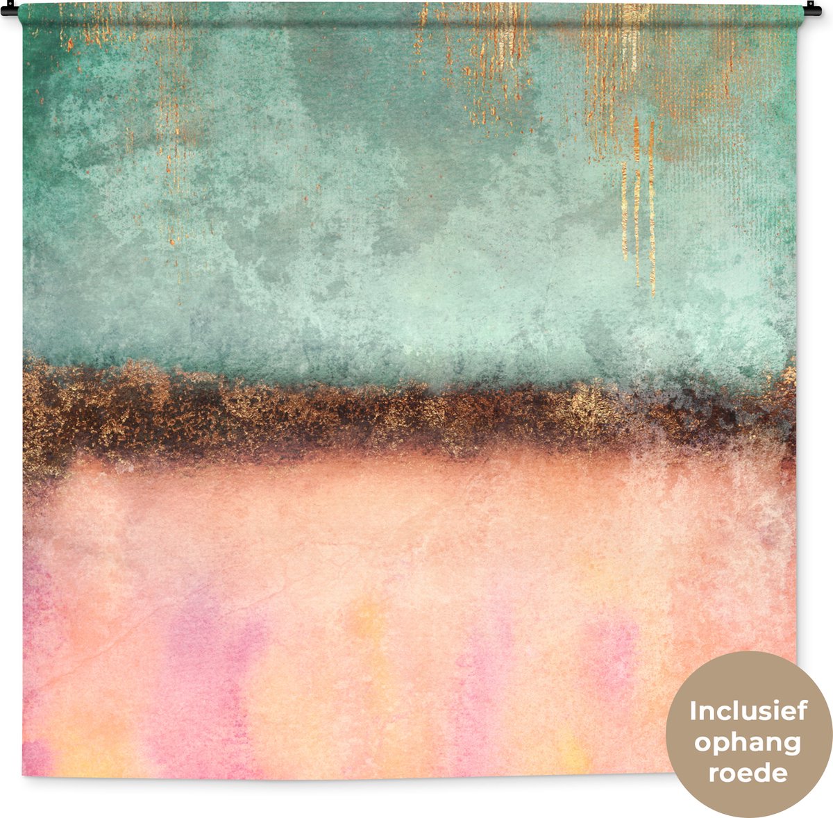 Wandkleed - Wanddoek - Goud - Verf - Abstract - Groen - Roze - 180x180 cm - Wandtapijt