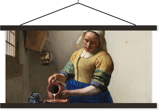 Posterhanger incl. Poster - Schoolplaat - Het melkmeisje - Schilderij van Johannes Vermeer - 90x45 cm - Zwarte latten