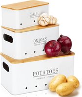 Boîte de conservation pour pommes de terre, lot de 3, pommes de terre, oignons et ail, garde les légumes frais plus longtemps - pot à pommes de terre, pot à oignons et poêle à ail - blanc