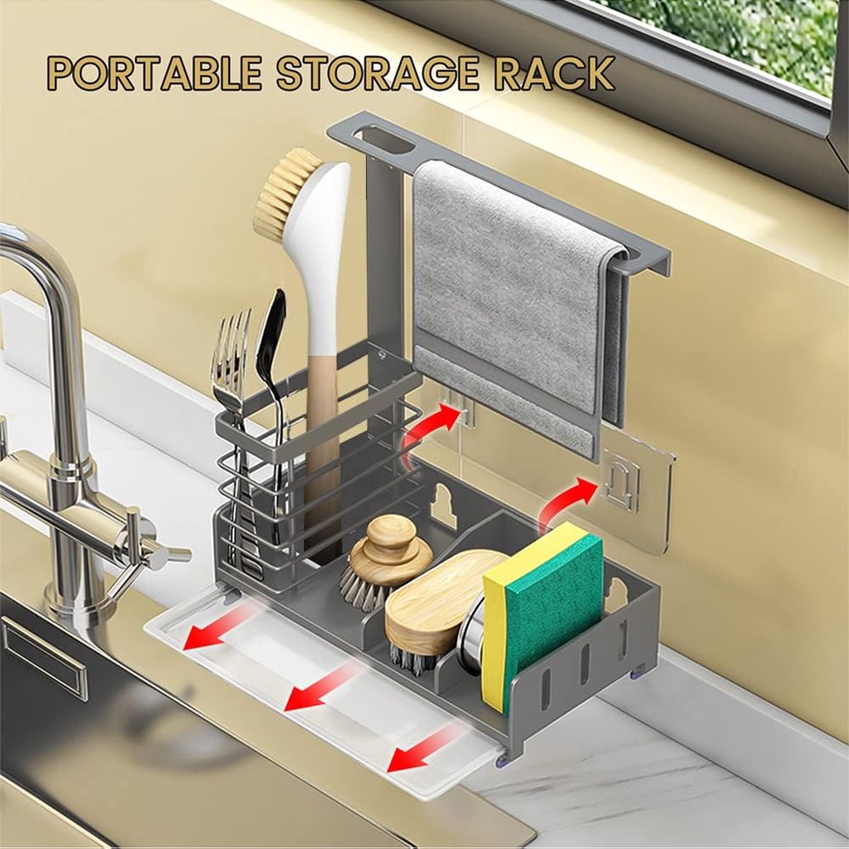 ViviDreamore Keuken Organizer, roestvrij staal gootsteen organizer, multifunctionele keuken organizer met houder voor washanddoek, sponshouder voor keuken voor borstels & handdoeken keukengootsteen