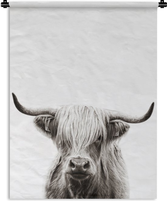 Tenture murale - Tissu mural - Highlander écossais - Animaux - Zwart - Wit - 120x160 cm - Tapisserie murale