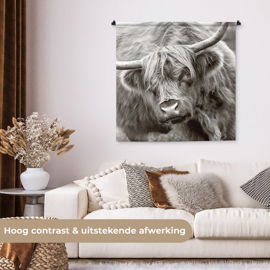 Wandkleed - Wanddoek - Schotse Hooglander - Zwart - Wit - Hoorns - 90x90 cm - Wandtapijt