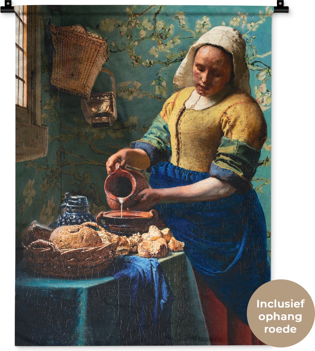 Wandkleed - Wanddoek - Melkmeisje - Amandelbloesem - Van Gogh - Vermeer - Schilderij - Oude meesters - 60x80 cm - Wandtapijt