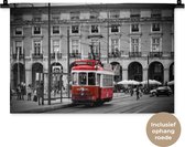 Wandkleed Rood zwart wit - Zwart-wit foto met een rode tram Wandkleed katoen 60x40 cm - Wandtapijt met foto