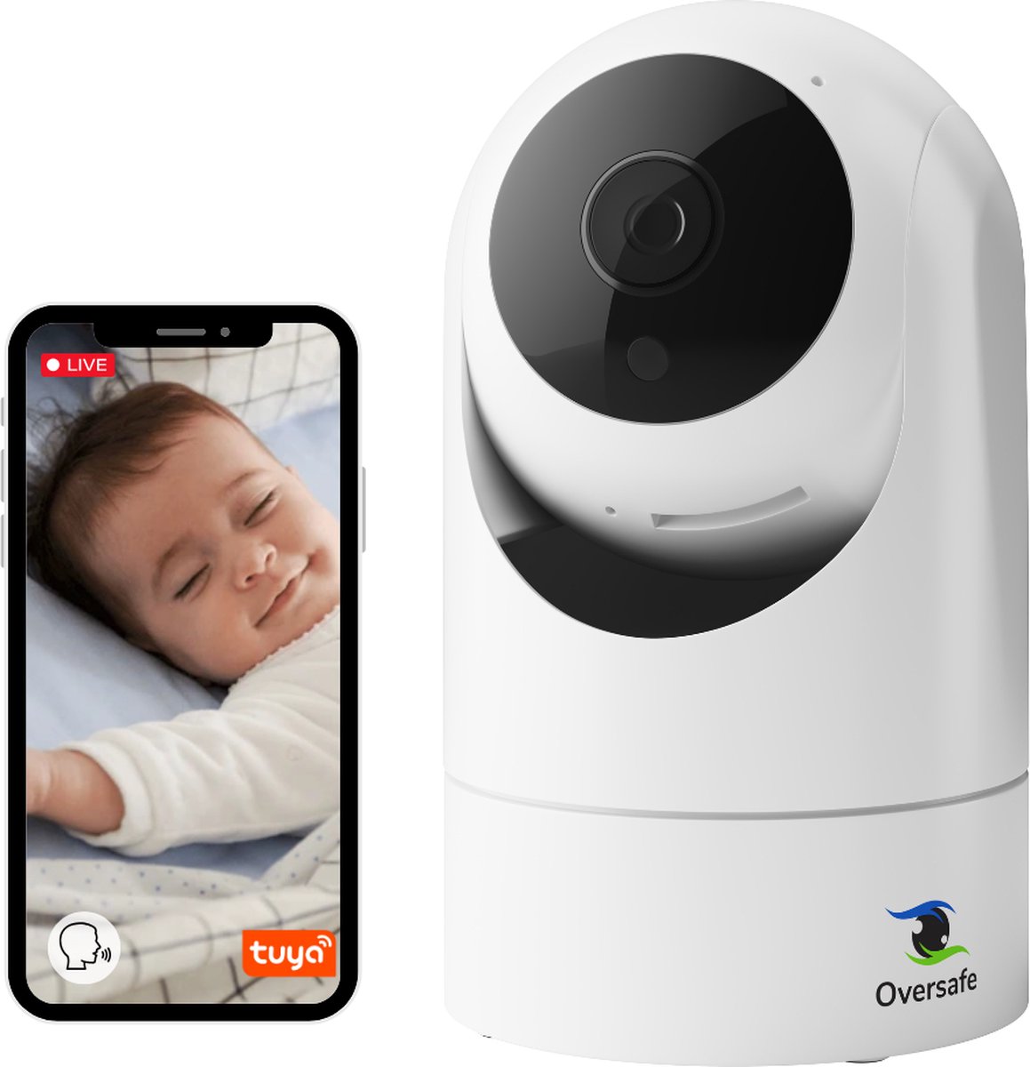 OverSafe© - Beveiligingscamera - Baby monitor - 2024 Model - 360° Draaibaar –WiFi – Full HD – Beweging Detectie - Smart Indoor Camera – Wit – Inspreek Functie - Infrarood