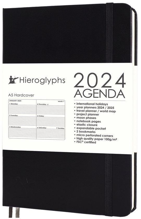 Agenda Hiéroglyphes 2024 A5 - 1 Semaine par 2 pages - Couverture rigide - Fermeture par élastique - Compartiment de rangement - 2 Signets - Agenda hebdomadaire - Zwart