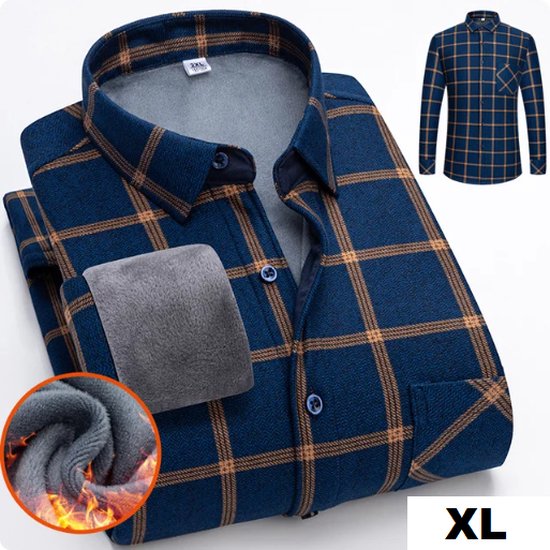 Geruite flanellen overhemd - fleece gevoerd - blauw oranje - XL