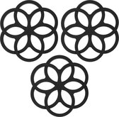 Set van 3 siliconen pannenonderzetters, deelbare onderzetters in bloemen-/ringen-design, zwart
