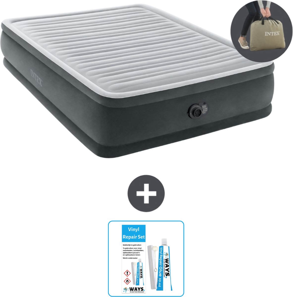 Intex Luchtbed - 2-Persoons - 152 x 203 x 46 cm - Grijs - Inclusief pomp - Accessoires CB21