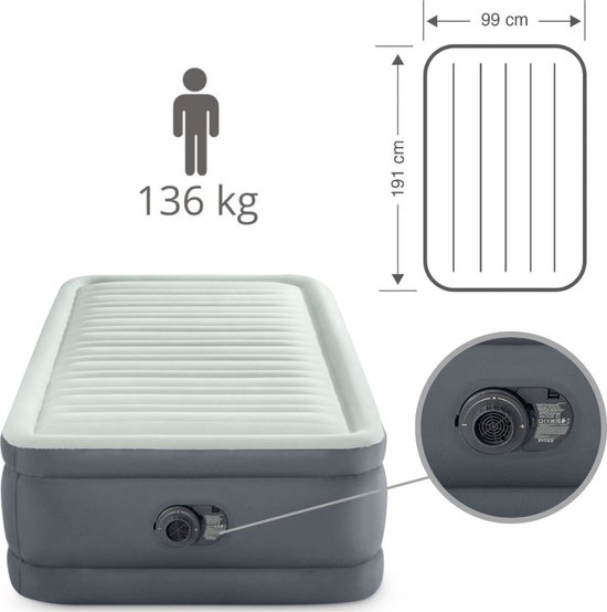Intex Luchtbed - 1-Persoons - 99 x 191 x 46 cm - Grijs - Inclusief pomp - Reparatieset van Intex — afbeelding 4