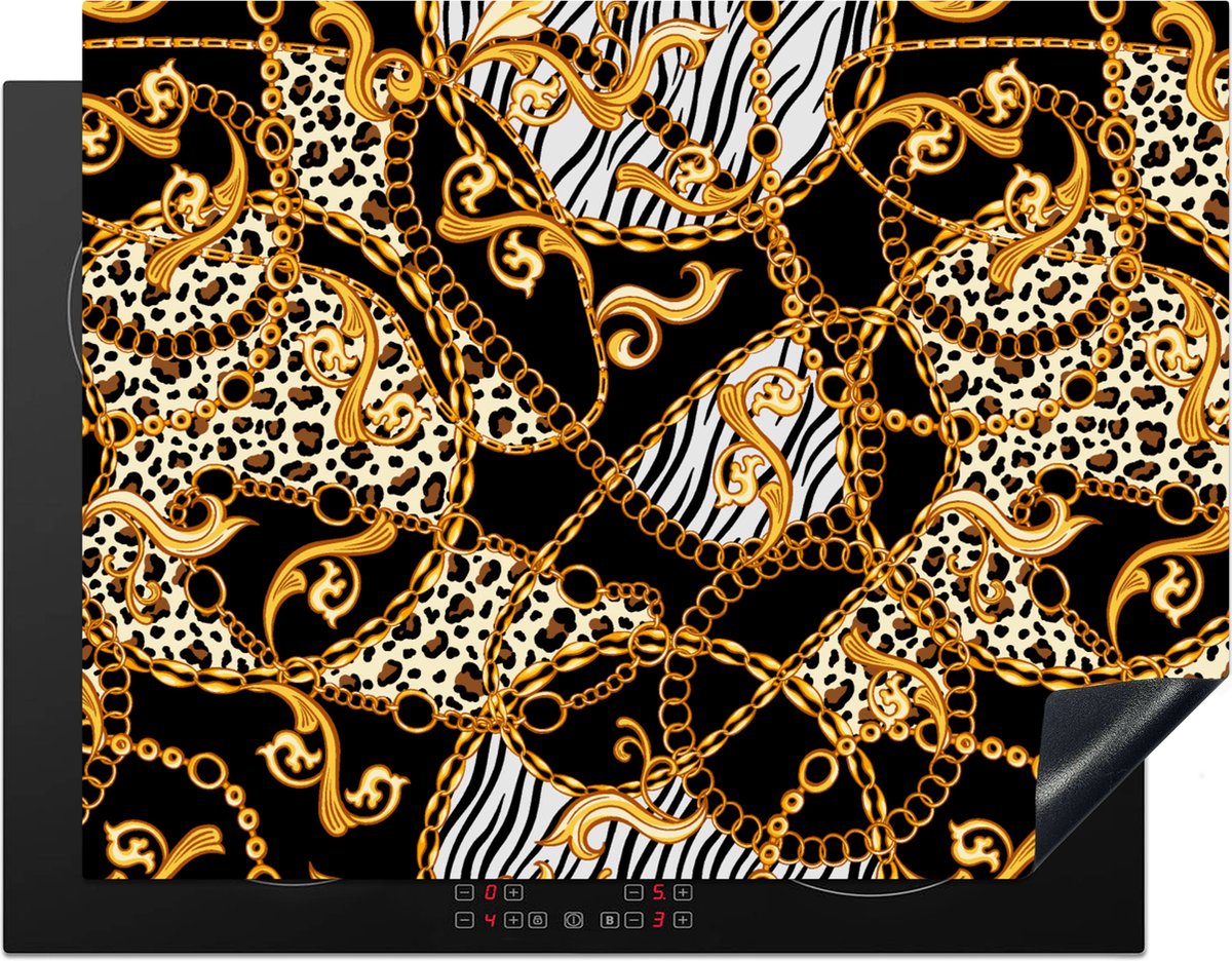 KitchenYeah® Inductie beschermer 77x59 cm - Ketting - Goud - Panter - Zebra - Kookplaataccessoires - Afdekplaat voor kookplaat - Inductiebeschermer - Inductiemat - Inductieplaat mat