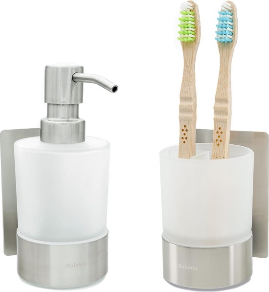 Dolvhin® Zeepdispenser en Tandenborstel set | matglazen Handzeepdispenser & Tandenborstel houder set | roestvrijstalen Tandenborstel mok zonder boren | Zelfklevende Pompdispenser | Mat zwart